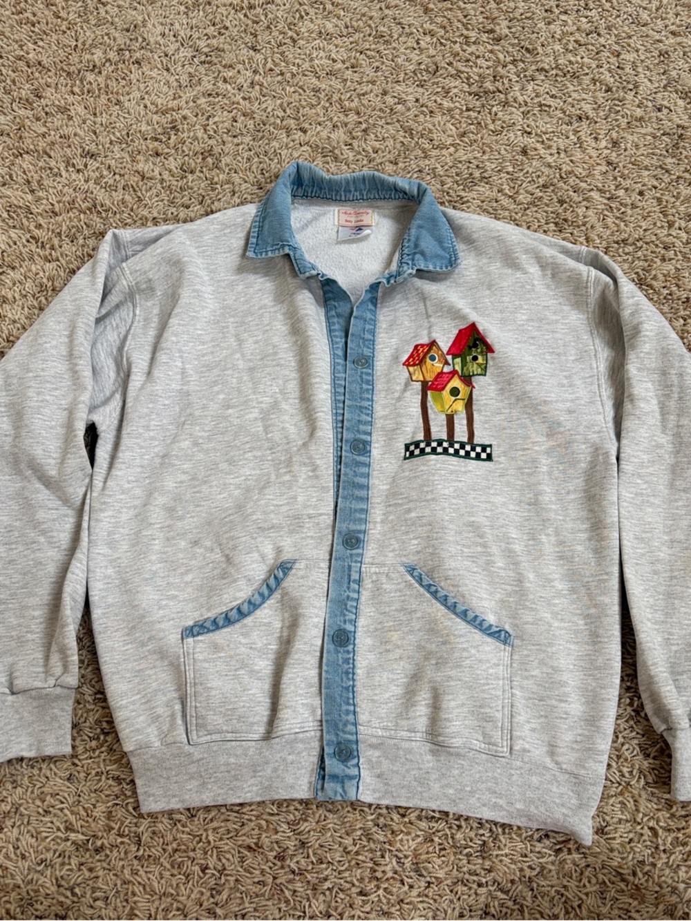 Vintage 90s Embroidered Birdhouse Sweatshirt Cardigan Denim Trim